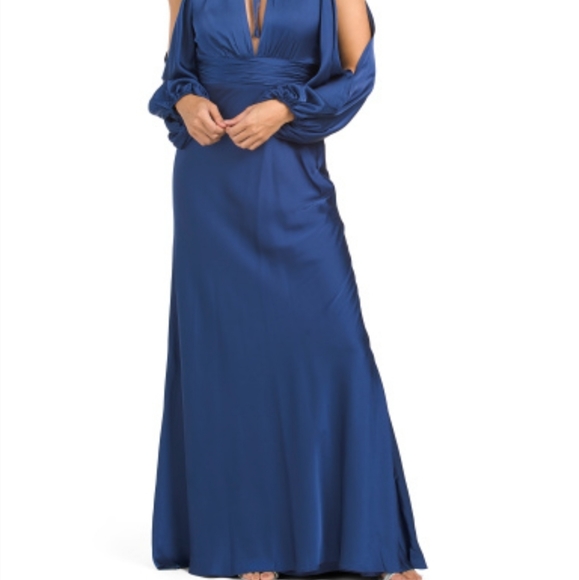 NWT MAC DUGGAL Plunge Neck Long Sleeve Satin Gown - Picture 3 of 4